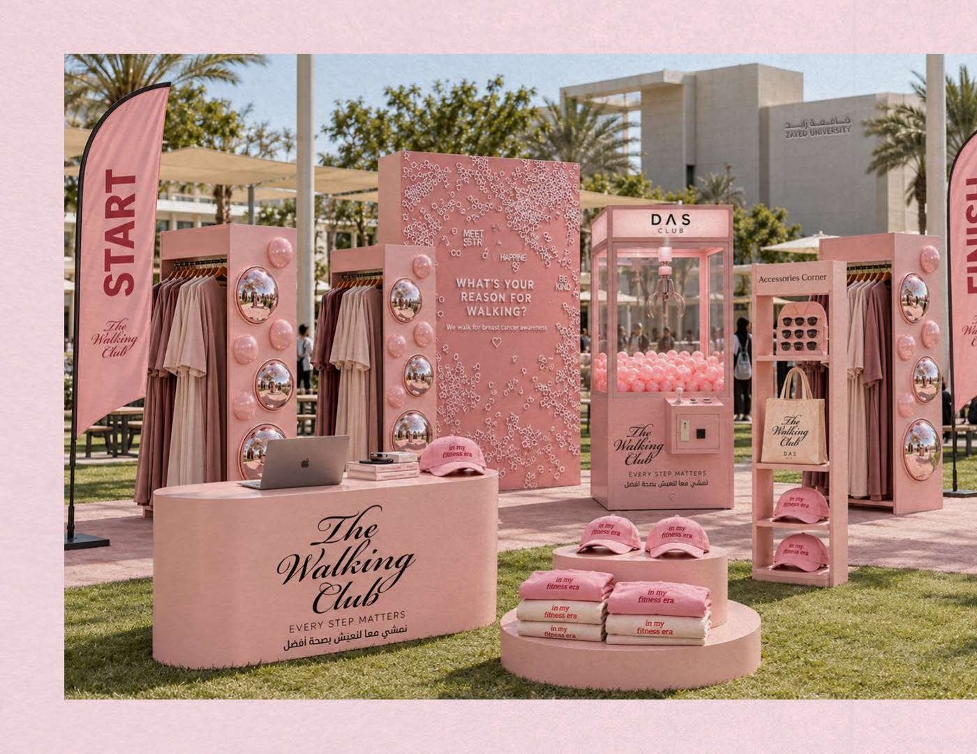 The pink Walking Club village with START and FINISH flags